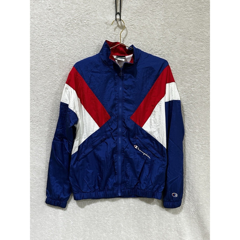 Champion Jacket Mens Medium Blue Colorblock‎ Windbreaker Coat Logo Retro Sport
